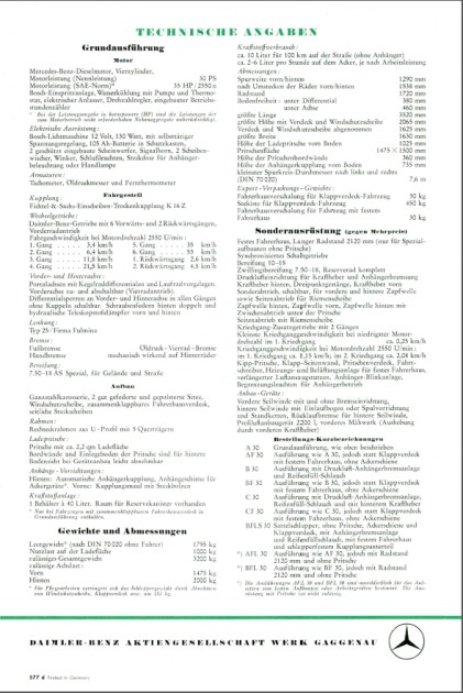 Unimog 30 Prospektauszug Technische daten aus 7.1957
