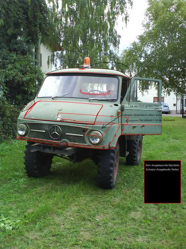 Text:<br />Ein ca. 15 cm groÃŸes Loch <br />FuÃŸraum und Bodenblech unter dem Fahrer<br />Die unteren 5cm. der RÃ¼ckwand<br /><br />Rot=Ausgetauschte Blechteile (sind nicht alle)<br />Schwarz=AusgebÃ¤ulte stellen